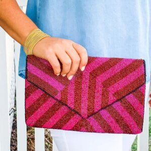 Hot Pink Fuchsia Geometric Seed Bead Crossbody Chain Clutch Handbag